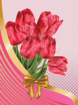 Card with pink tulips and golden ribbon, bow.