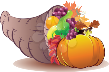 Traditional Thanksgiving horn of plenty, cornucopia cartoon illustration.