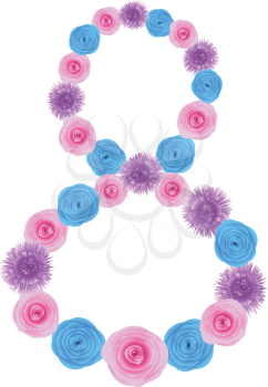 Number 8 made from blue, pink and violet flowers on white background.