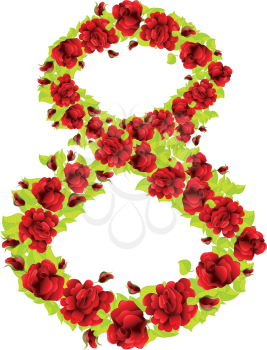 Number 8 made from red roses and green leaves on white background.