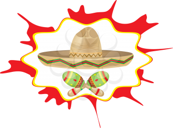 Mexican straw hat sombrero and decorative maracas.