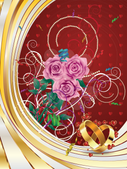 Beautiful card with pink roses and two wedding rings on red background.