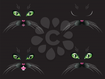 Cute cartoon black cat face with stylized green eyes.
