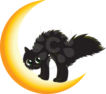 Cute cartoon black kitten on crescent moon.