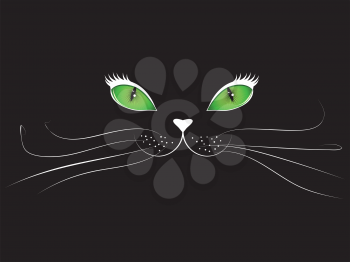 Green eyed cartoon cat face on black background.