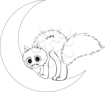 Simple illustration of a cat sits on crescent moon.