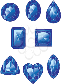 Precious gemstones, crystals of blue color in different shapes collection.
