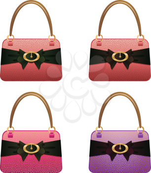Fashion woman's handbag designs with leather bow on white background.