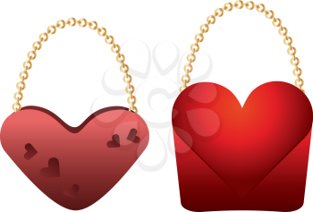 Two red heart shaped purses on white background.