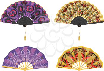 Collection of decorative oriental folding paper fans on white.