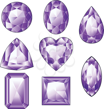 Precious violet gemstones, purple amethyst jewel stones on white background.