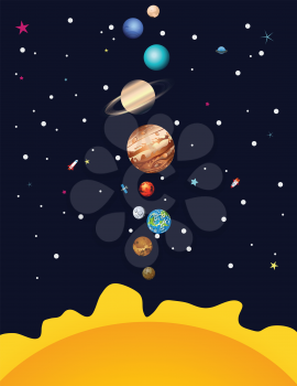 Cartoon parade of colorful planets outer space background.