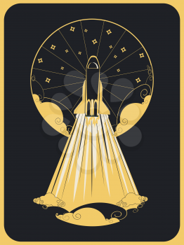 Abstract flying space shuttle poster design, vintage illustration.
