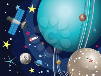 Cartoon planet Uranus in the space with stars and shuttles.