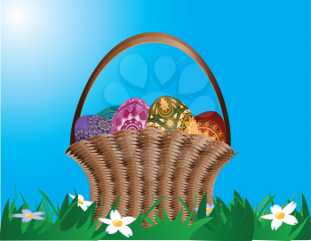 Easter card with a woven basket with colorful easter eggs on grass field.