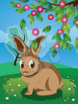 Cute cartoon brown rabbit on spring lawn with flowers.
