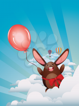 Cute happy chocolate bunny with red balloon illustration.