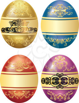 Collection of Easter eggs with decorative floral ornament and ribbon.