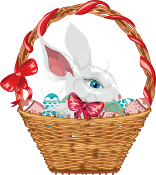 Cute white Easter bunny in basket with red bow.