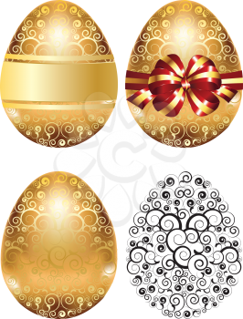 Decorative golden egg with festival red bow on white background.
