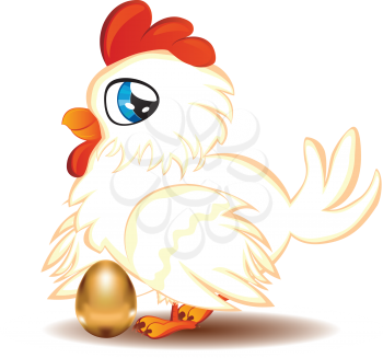 Cute cartoon white hen with blue eyes and gold egg.
