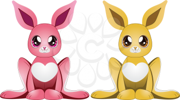 Two cartoon bunnies of pink and yellow colors.