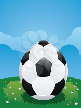 Illustration of soccer ball decorated easter egg on green lawn.