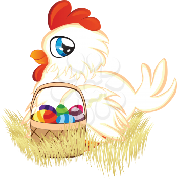 Cute cartoon white hen with basket of Easter eggs.