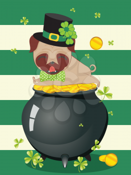 Cartoon kawaii pug with green shamrock design.