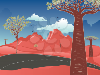 Cartoon red desert, Australian landscape with trees illustration.