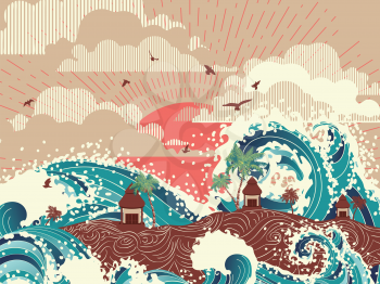 Vintage style poster with big waves and tropical island with houses and palm trees.