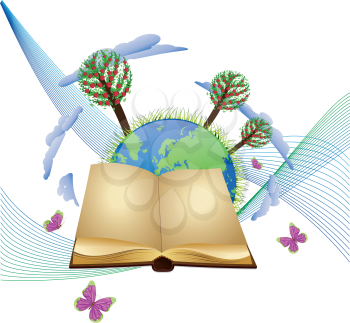 Planet Earth with apple trees, old blank open book and butterflies.