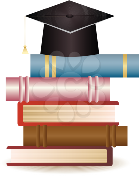 Stack of books and graduation hat on white background.