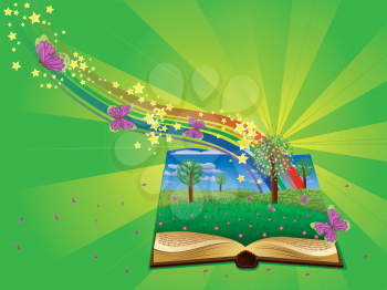 Open book with grass field, butterflies and abstract rainbow.