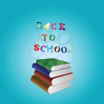 Stack of books and words back to school on blue background.