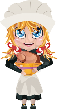 Cute cartoon girl in traditional thanksgiving pilgrim costume holding bowl with roasted turkey.