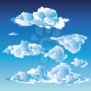 White fluffy clouds on bright blue sky background.