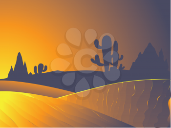 Sunset in the desert landscape with cacti and distant rocks silhouettes.