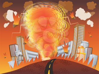 Illustration of fire vortex, tornado with meteors in the city background.