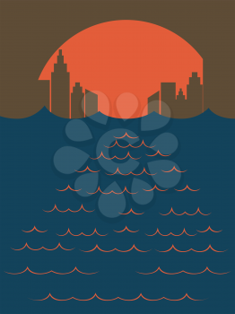 Minimalist style poster of city in the ocean at sunset, vintage illustration.