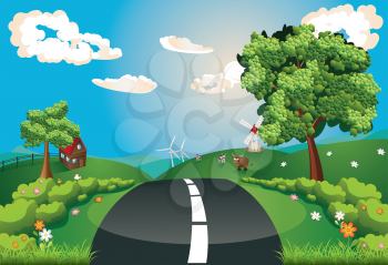 Summer green rural landscape with a road and trees illustration.