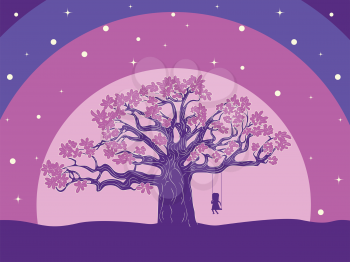 Stylized silhouettes of big tree and girl on swing background.