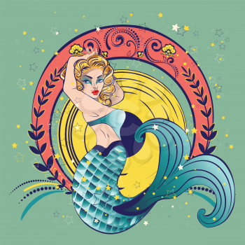 Fantasy creature mermaid with blond hair and fish tail.