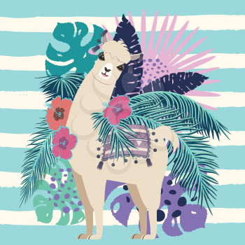 Floral banner with cute llama, tropical leaves and flowers design.