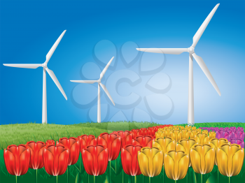 Wind turbines on colorful tulips field background.