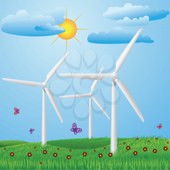 Green meadow with red flowers and wind turbines generating electricity.