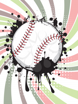 Detailed baseball ball on grunge background with colorful rays.