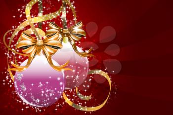 Illustration of Christmas balls and golden ribbons background
