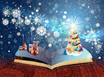 Opened magic book with decorated christmas tree, houses, snowflakes.