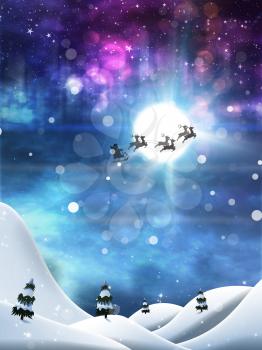 Flying Santa Claus with reindeers night winter snowy background.